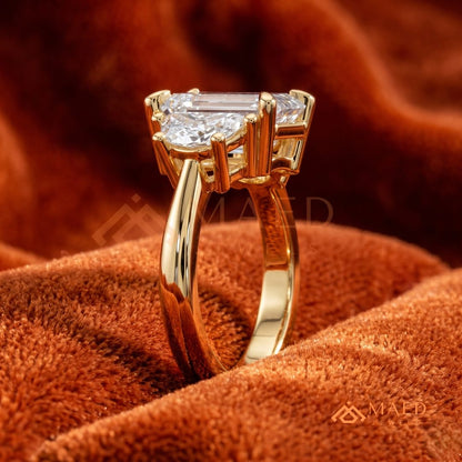 Emerald Cut Three Stone Engagement Ring | Half Moon Side Stones in 14K Gold & Silver