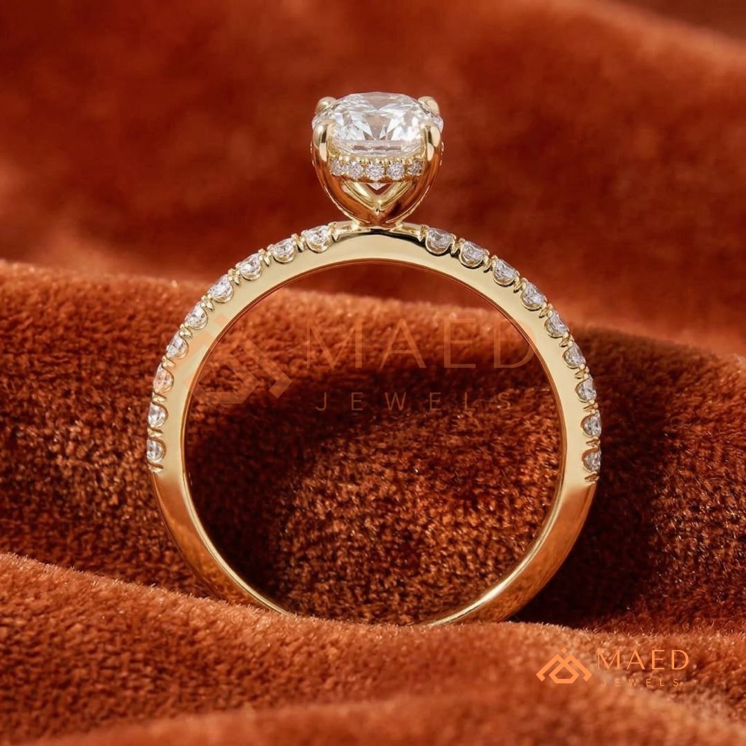 Oval Cut Solitaire Band with Pavé Shank – Silver, 14K Yellow & Rose Gold)