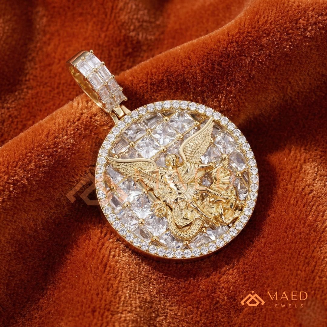 Saint Michael Medallion Pendant – Trillion Cut & Baguette Hip Hop Necklace