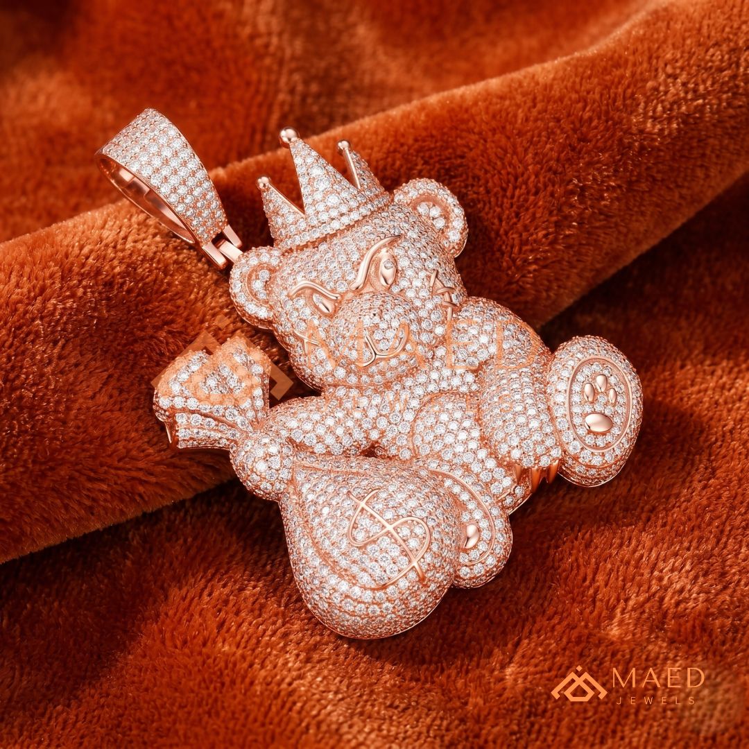 Fully Flooded 3D Money Bear Charm – Rich Teddy Stacks Pendant