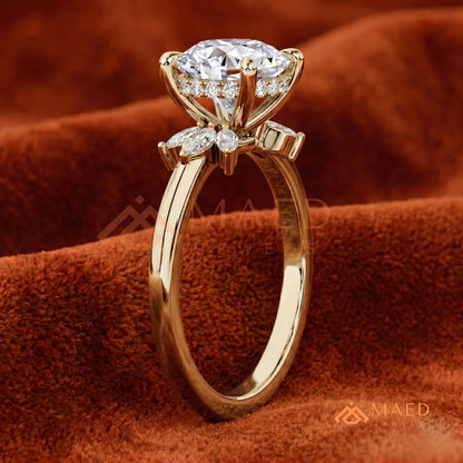 Round Brilliant Cut Ring with Marquise Floral Cluster | 14k Gold, Rose Gold & Silver