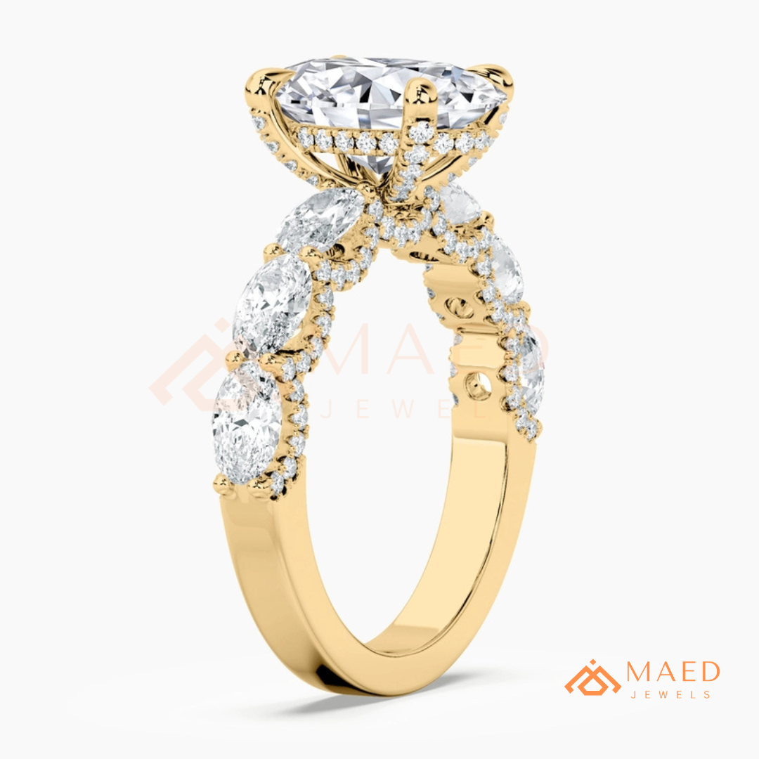 Oval Cut Engagement Ring with Large Round Accent Band | 14K Gold & Silver Shared Prong