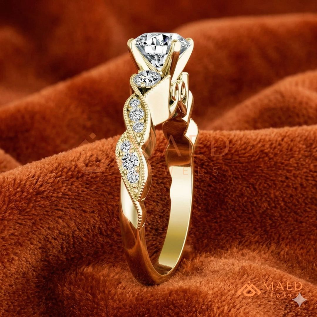 Vintage-Inspired Three-Stone Engagement Ring with Milgrain Twisted Band