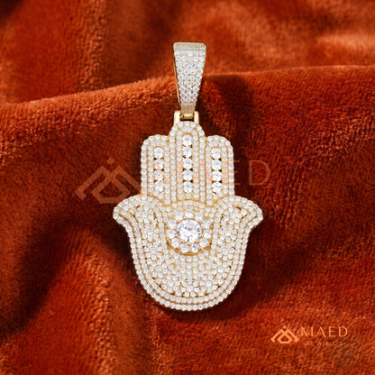 Iced-Out Hamsa Hand Pendant – Micro-Pave Diamond Finish in Silver, 14k Gold, 14k Rose Gold