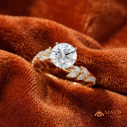 Round Cut Moissanite Nature Inspired Engagement Ring in 925 Sterling Silver, 14K Gold & 14K Rose Gold | Marquise Leaf Cluster Twisting Wedding Ring