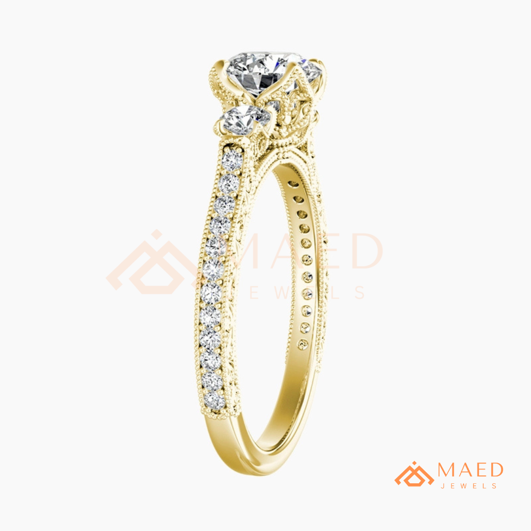 Vintage 3-Stone Round Engagement Ring in 14K Gold, Rose Gold & Silver | Antique Milgrain Pave Moissanite Ring for Women