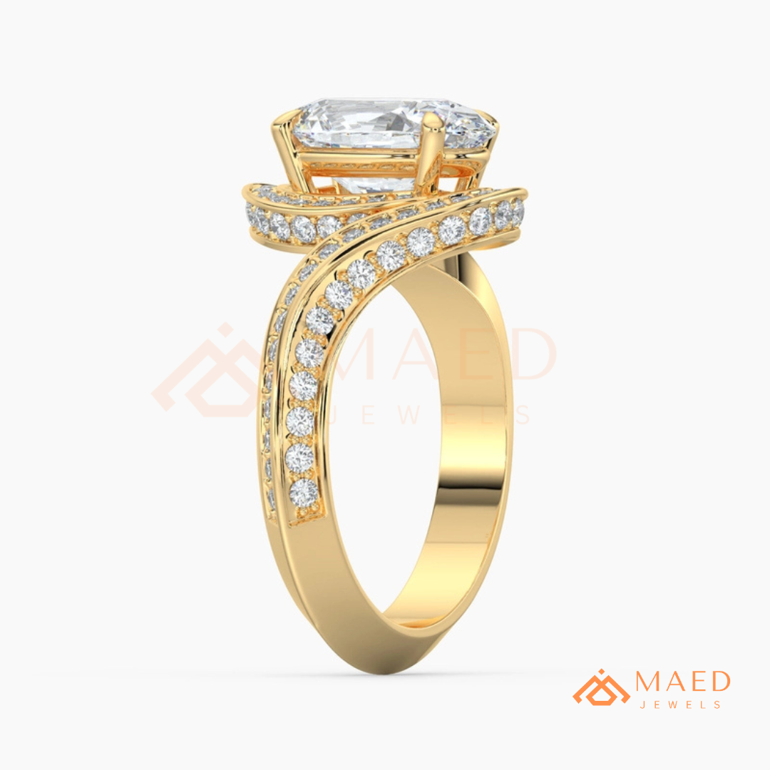 Oval Cut Bypass Halo Engagement Ring | Swirl Pavé Band in 14k Gold, Rose Gold & Silver