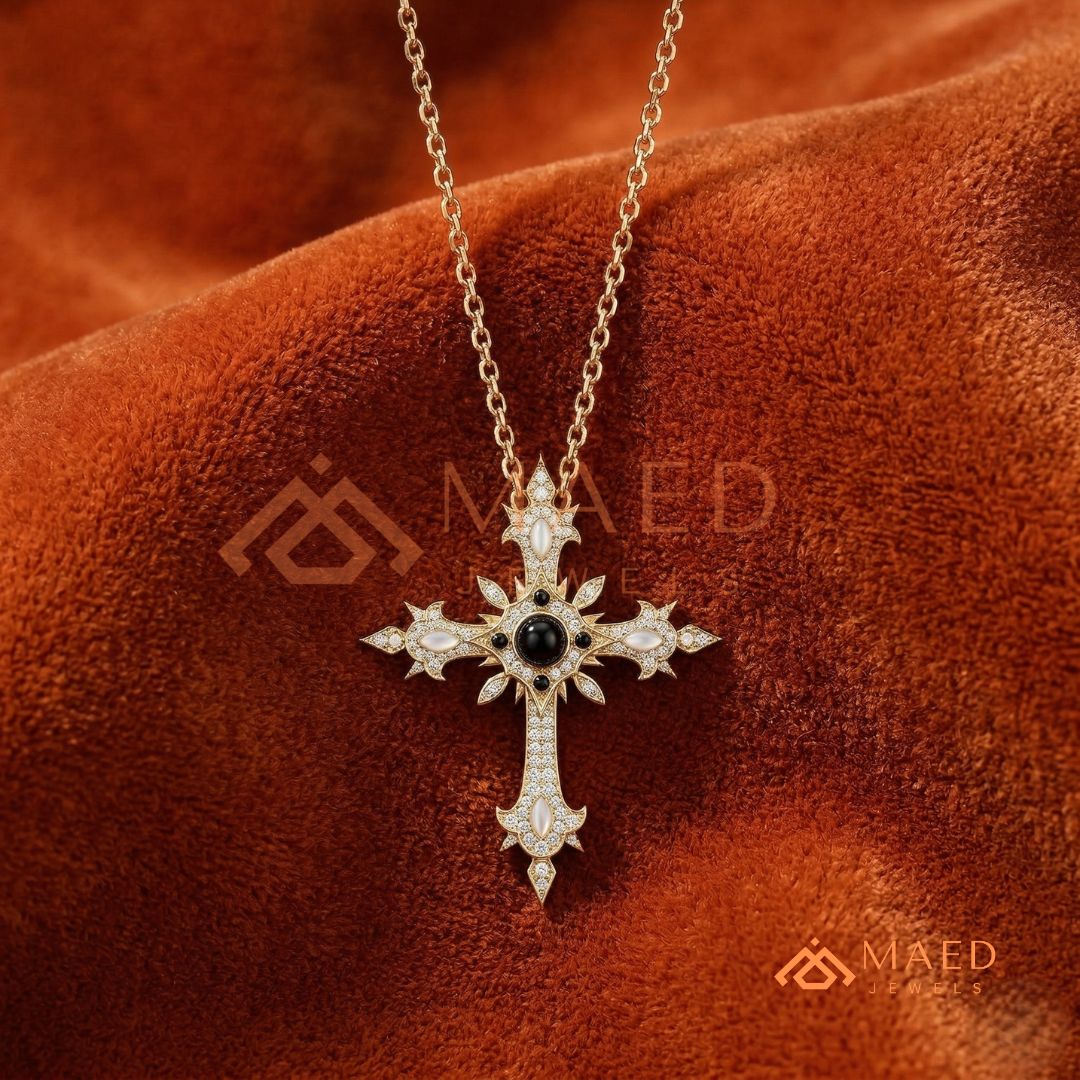 Gothic Onyx & Mother of Pearl Cross Pendant – Vintage Starburst Necklace