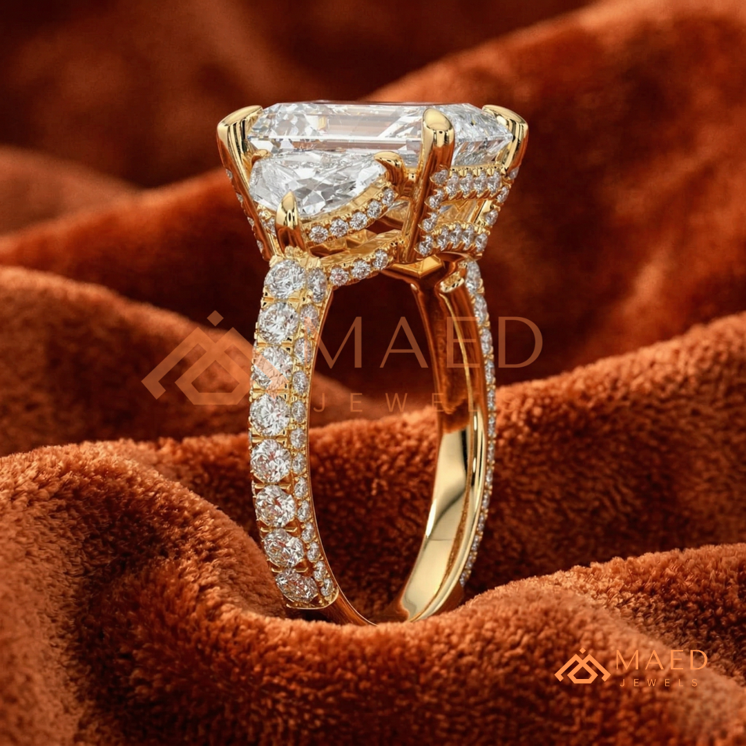 Classic Radiant Cut Three-Stone Engagement Ring with Half-Moon Side Stones in Silver, 14K Gold & Rose Gold
