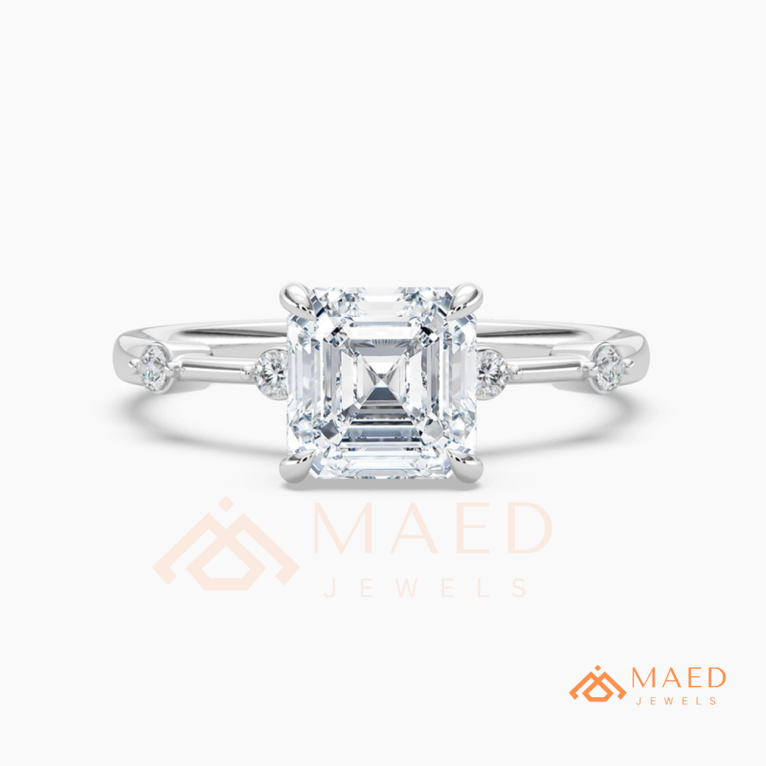Asscher Cut Engagement Ring with Accent Stones | Vintage Art Deco Promise Ring | 14K Gold, Rose Gold & Sterling Silver