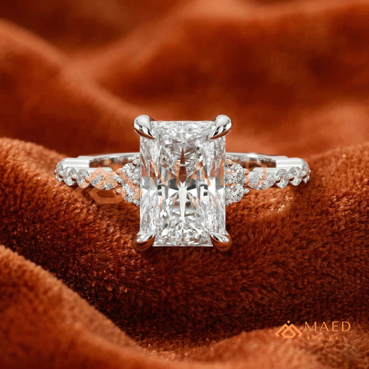Radiant Cut Engagement Ring | Marquise & Round Cluster Band in 14K Gold, Rose Gold & Sterling Silver