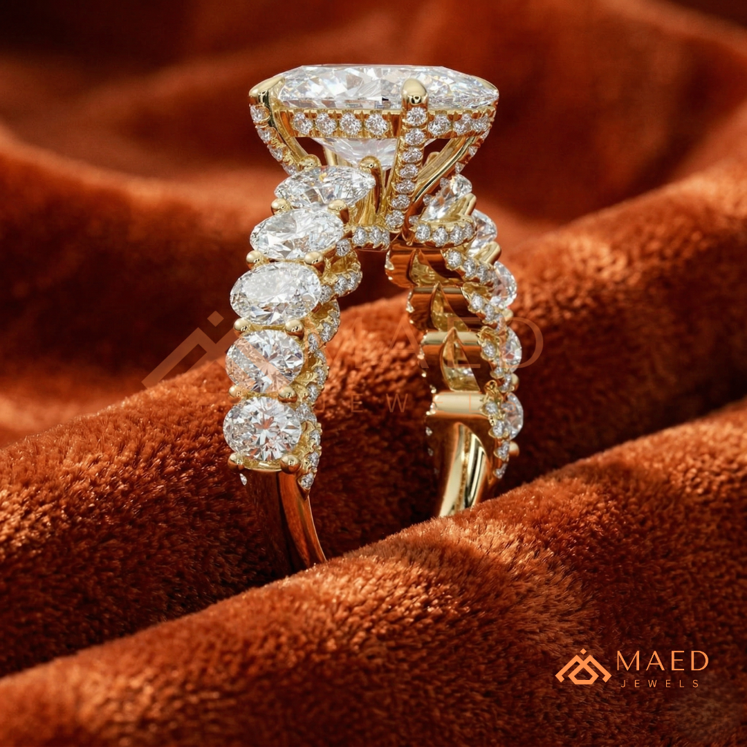 Elongated Oval Cut Engagement Ring with Oval Accent Band | 14k Gold, Rose Gold & Silver