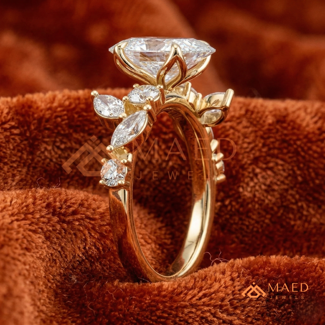 Asymmetric Oval Cut Cluster Engagement Ring | Marquise Leaf Vine Band