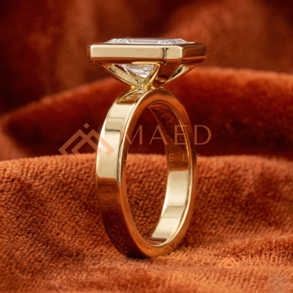Radiant Cut Bezel Set Engagement Ring with Wide Flat Band in 14K Gold, Rose Gold & Silver