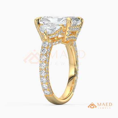 Classic Radiant Cut Three-Stone Engagement Ring with Half-Moon Side Stones in Silver, 14K Gold & Rose Gold