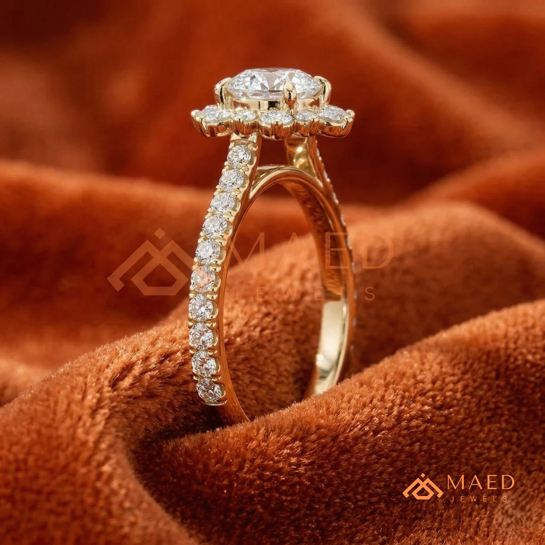 Vintage Starburst Halo Round Cut Engagement Ring with Pave Band in Silver, 14K Gold & Rose Gold