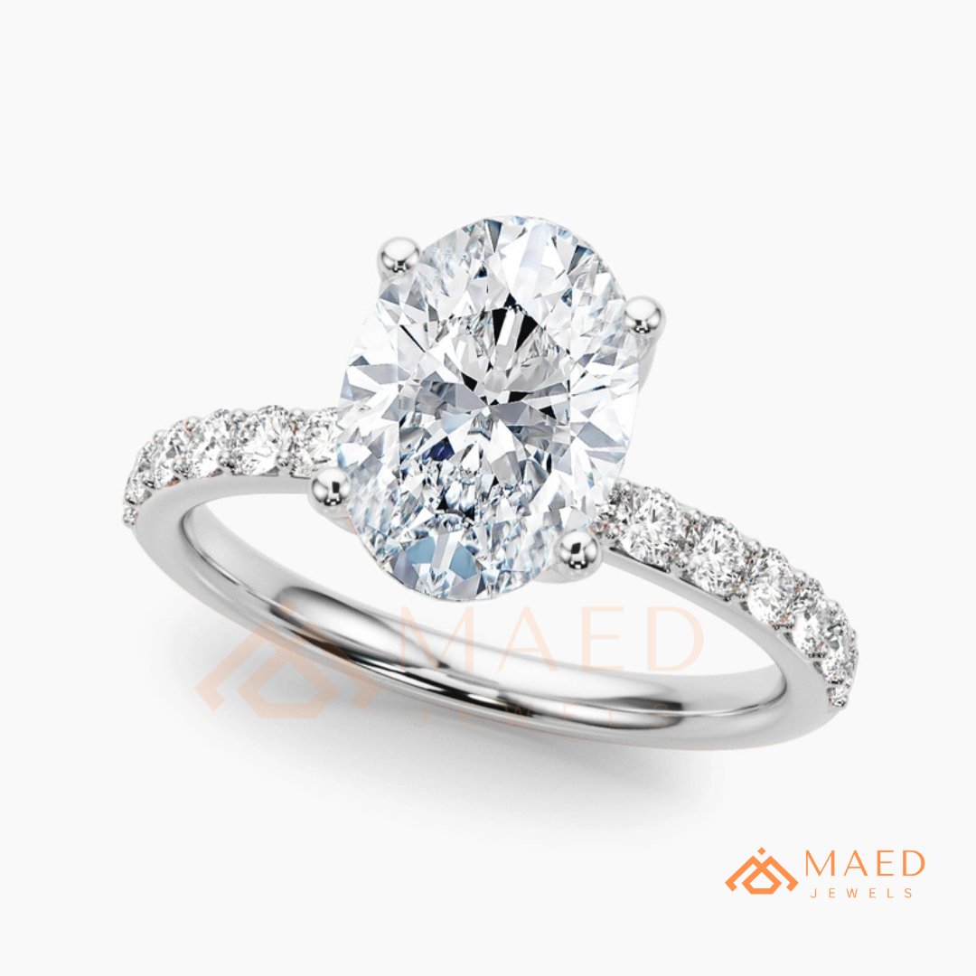 Oval Cut Engagement Ring with Pavé Band | Classic 4-Prong Promise Ring for Women | 14K Gold, Rose Gold & Sterling Silver