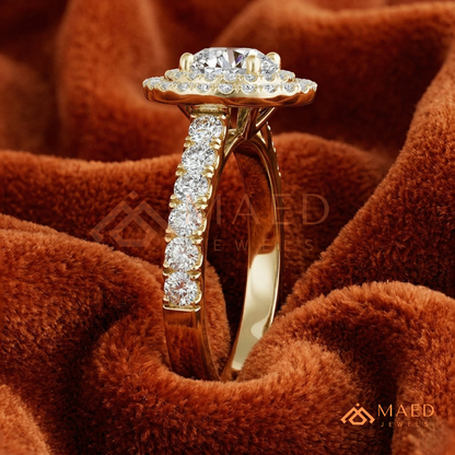 Double Halo Round Brilliant Engagement Ring with Pavé Band – Sterling Silver, 14K Gold, or 14K Rose Gold