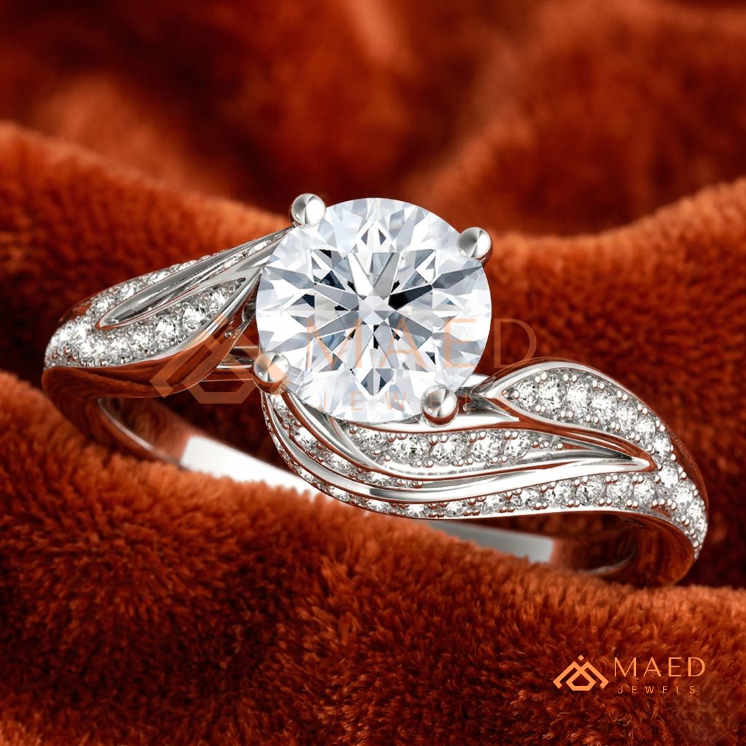 Vintage Bypass Round Cut Engagement Ring with Swirl Pavé Band