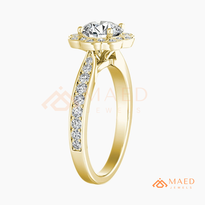 Round Cut Flower Halo Engagement Ring with Pave Band