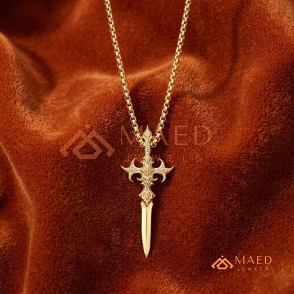 Gothic Dagger Cross Pendant Necklace in Sterling Silver, 14K Gold & Rose Gold