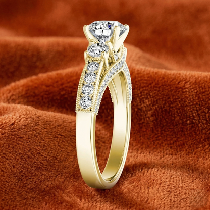 Round-Cut Three-Stone Engagement Ring with Milgrain Channel-Set Band