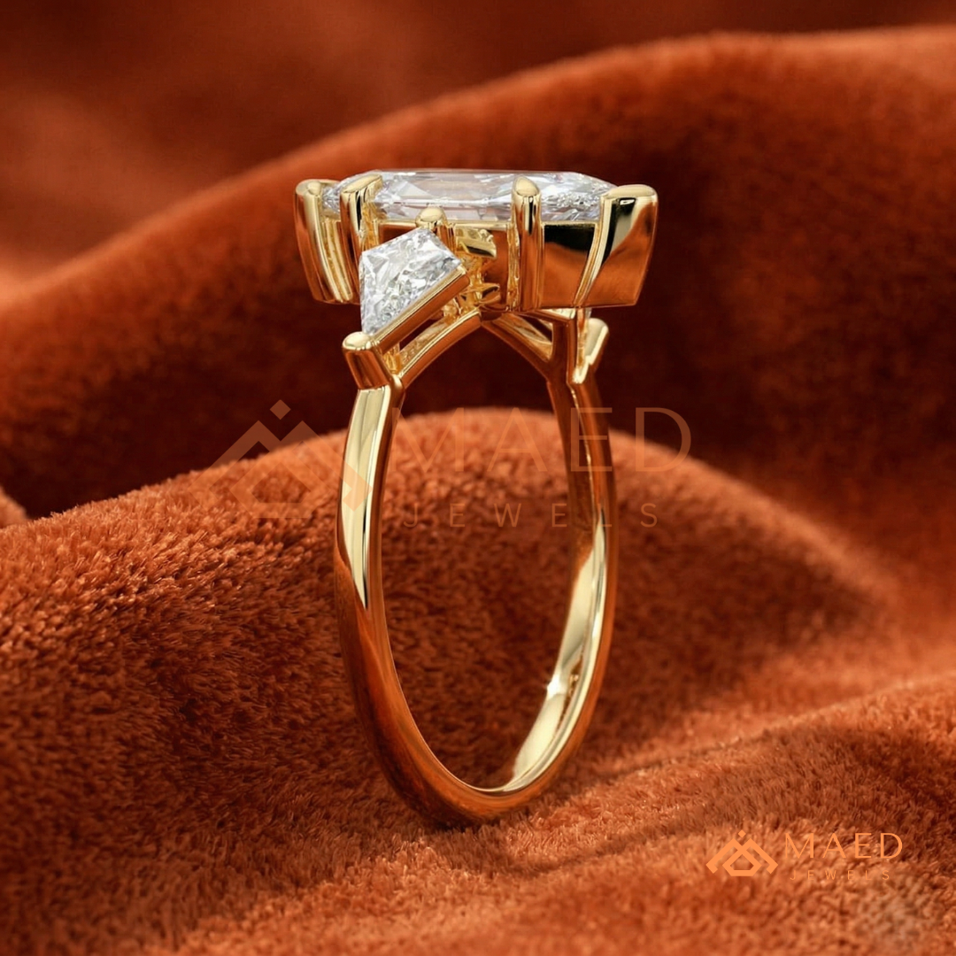 Marquise Cut Three Stone Ring with Kite Side Diamonds | 14k Gold, Rose Gold & Silver