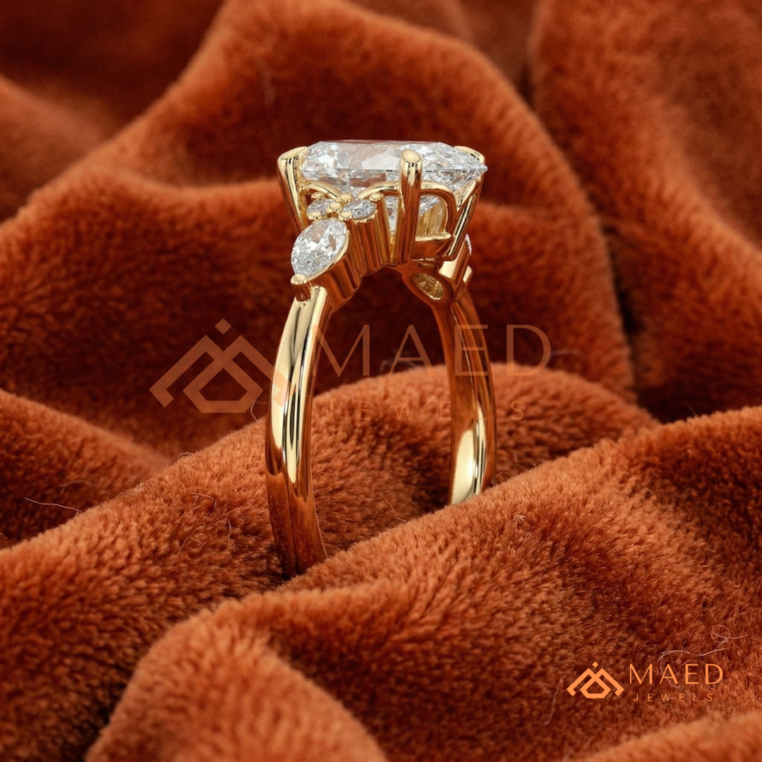 Oval Cut Cluster Engagement Ring | Pear & Round Side Stones in 14K Gold & Silver