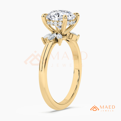 Round Brilliant Cut Ring with Marquise Floral Cluster | 14k Gold, Rose Gold & Silver