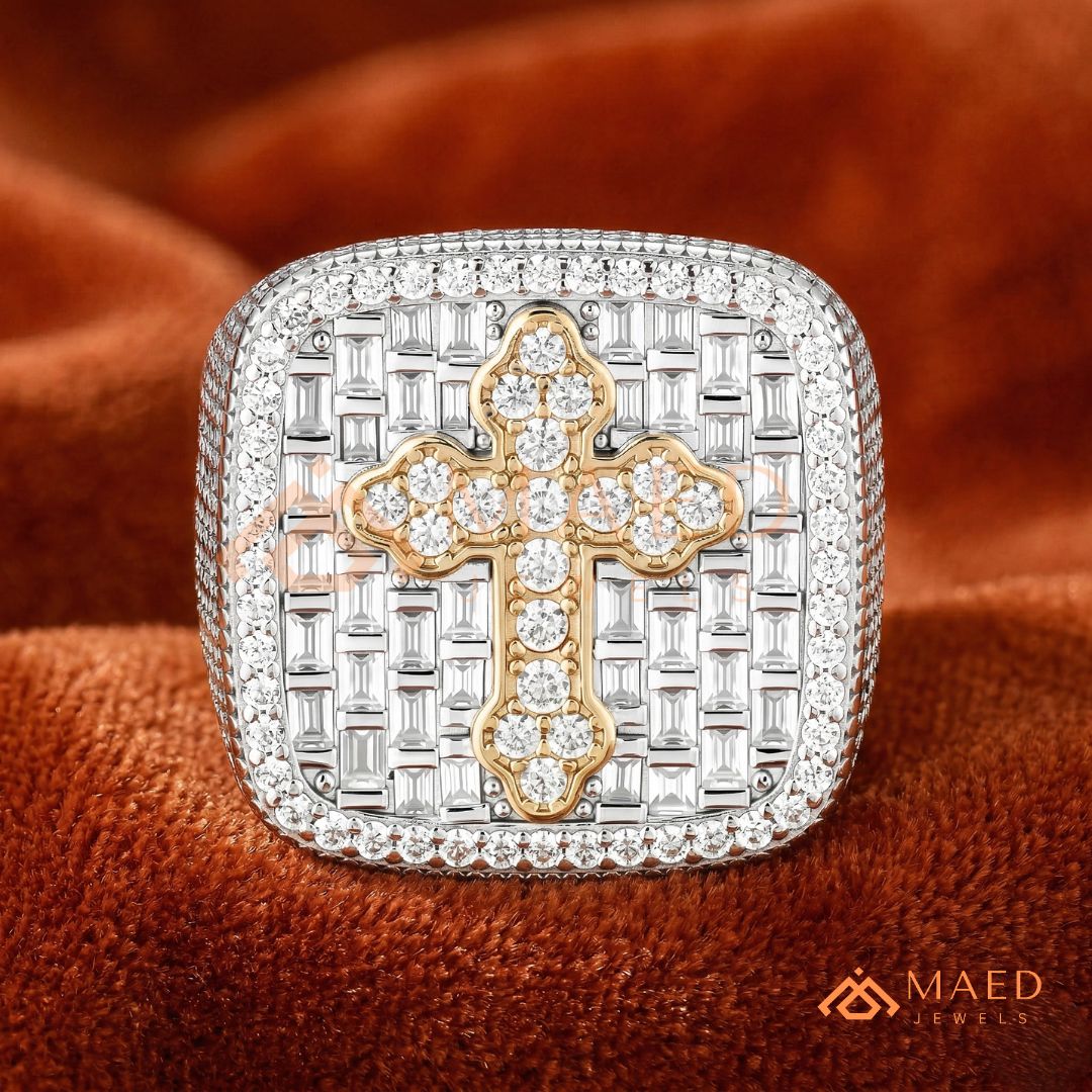 Heavy Square Iced Baguette Cross Ring – 925 Silver, 14K Gold & Rose Gold