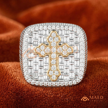 Heavy Square Iced Baguette Cross Ring – 925 Silver, 14K Gold & Rose Gold