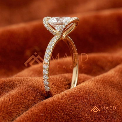 East-West Oval Cut Partial Halo Engagement Ring | 14k Gold, Rose Gold & Sterling Silver Shimmering Accented Band