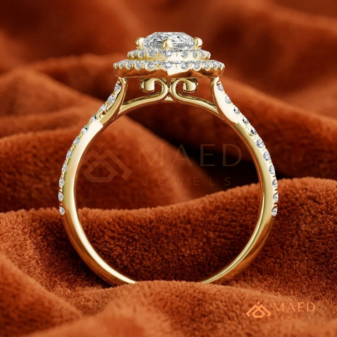Pear Cut Halo Engagement Ring with Twisted Pavé Band – Sterling Silver, 14K Gold, or 14K Rose Gold