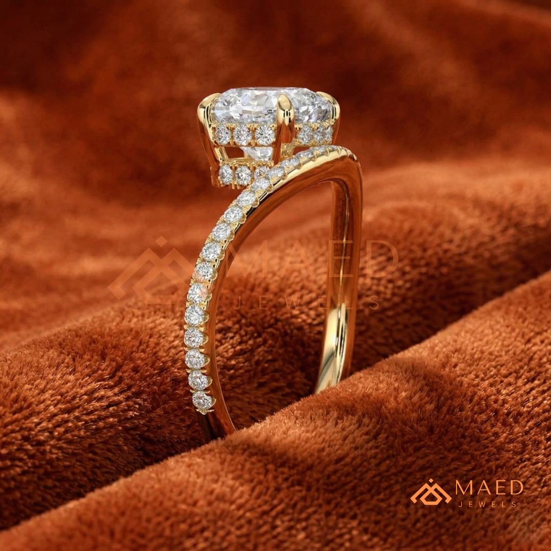 Cushion Cut Moissanite Chevron Engagement Ring, Curved Pavé Diamond Wishbone Wedding Ring in Silver, 14K Gold & Rose Gold