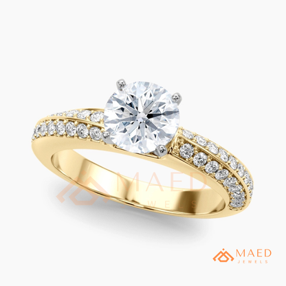 Round Brilliant Cut Ring with Double Row Pavé Band | 14k Gold, Rose Gold & Silver
