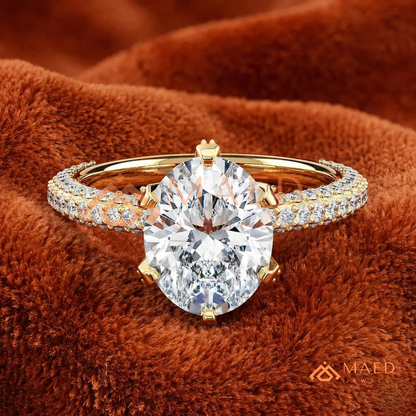 Oval Cut Engagement Ring | Triple Row Micro Pave Band in 14K Gold & Sterling Silver