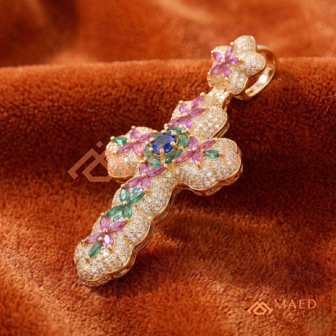 Iced Out Baroque Cross Statement Pendant with Pink & Green Stones