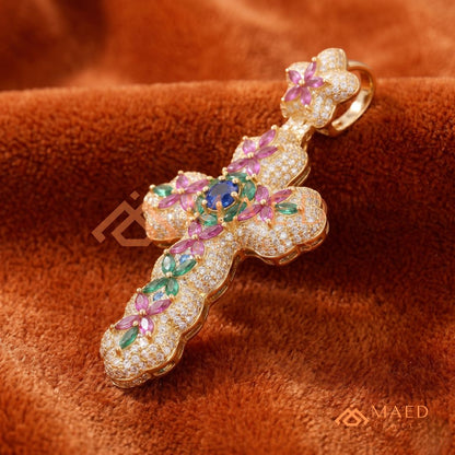 Iced Out Baroque Cross Statement Pendant with Pink & Green Stones