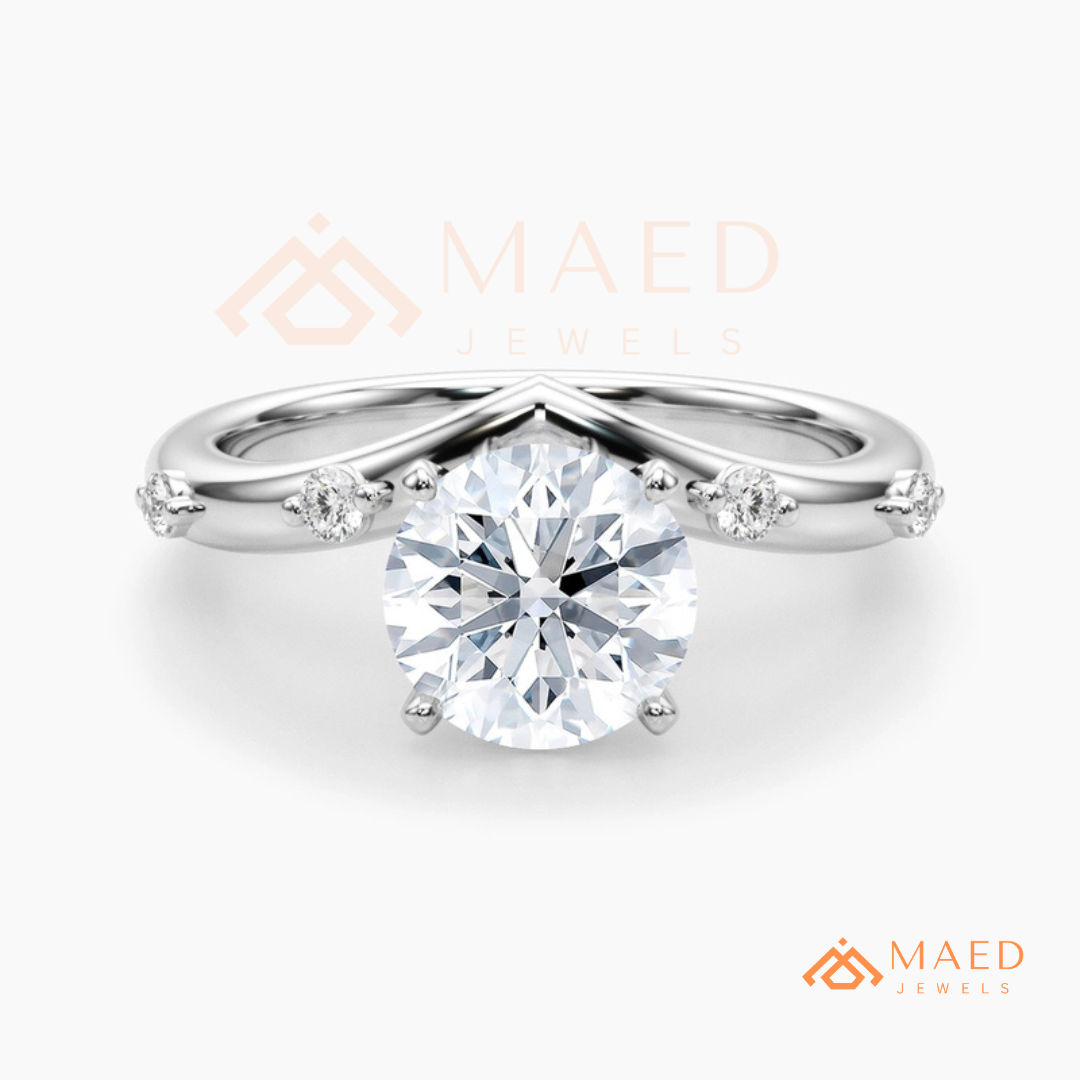 Round Cut Chevron Engagement Ring in Sterling Silver, 14K Gold & 14K Rose Gold