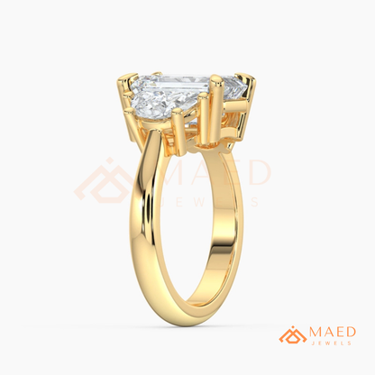 Emerald Cut Three Stone Engagement Ring | Half Moon Side Stones in 14K Gold & Silver