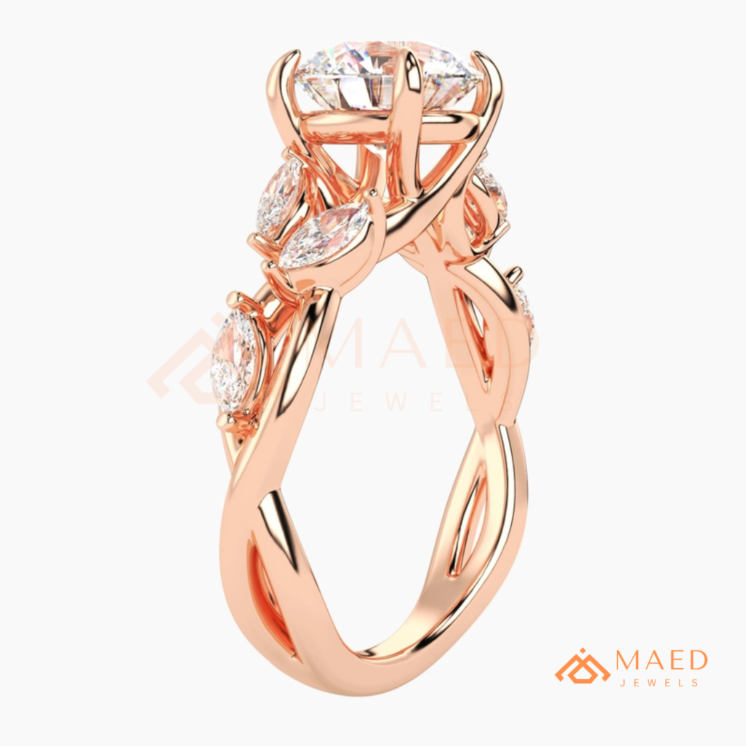 Nature Inspired Round Cut Moissanite Engagement Ring, Marquise Diamond Vine Leaf Wedding Ring in Silver, 14K Gold & Rose Gold