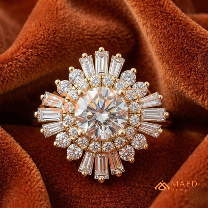 Vintage Art Deco Starburst Halo Ring in Sterling Silver, 14k Gold, or 14k Rose Gold