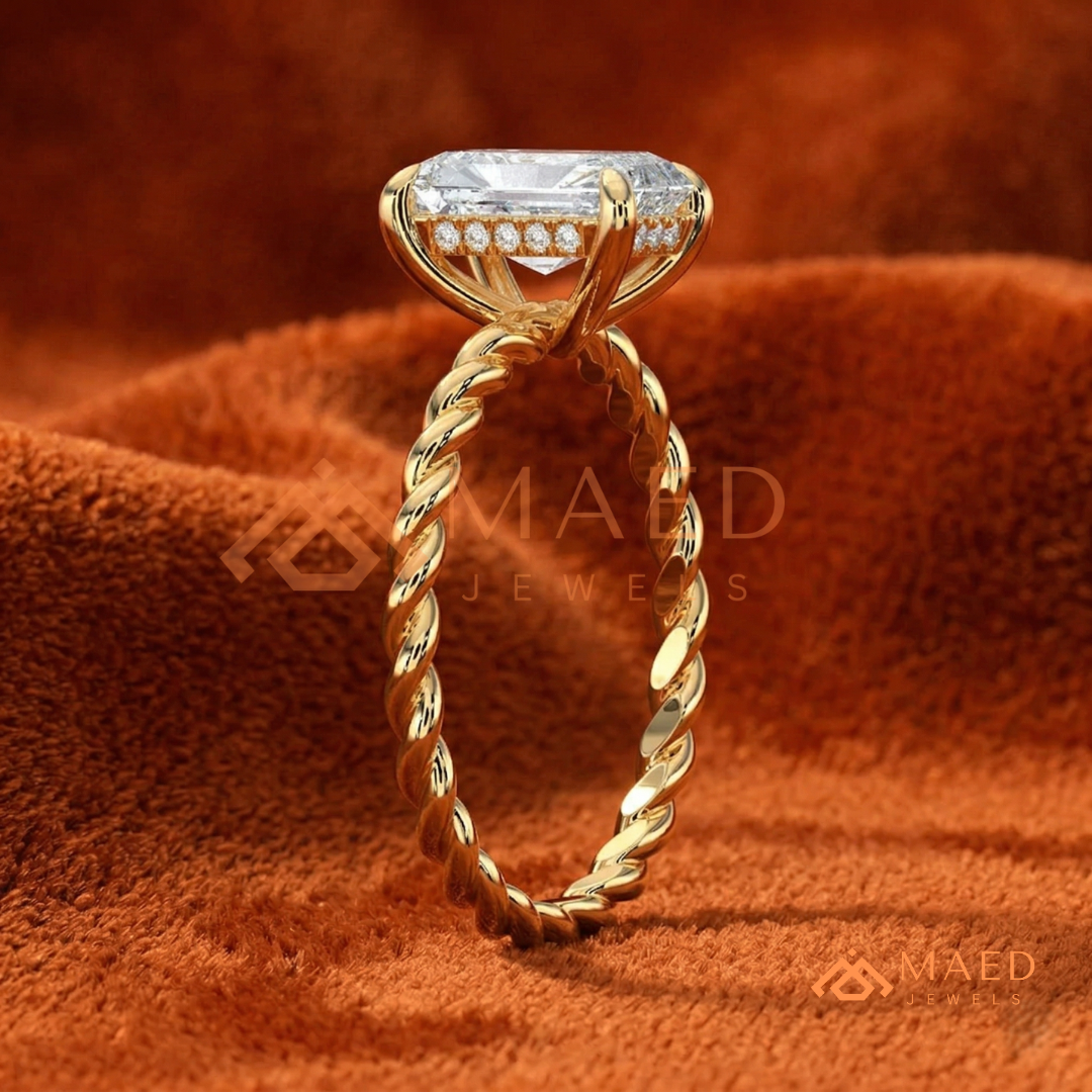 Classic Radiant Cut Twisted Cable Solitaire Ring in Silver, 14K Yellow Gold, or Rose Gold
