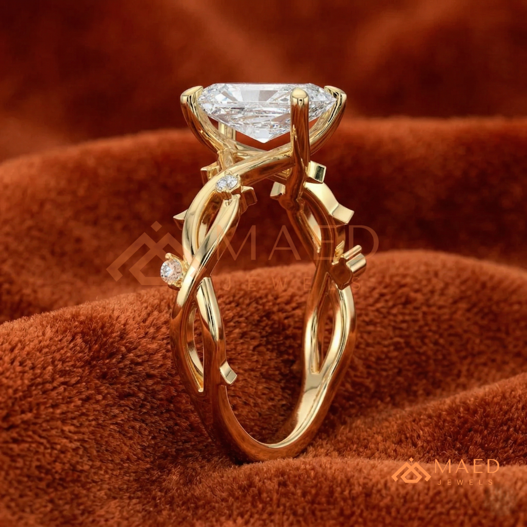 Enchanted Vine Radiant Cut Ring | Nature-Inspired Branch Wedding Band | 14K Gold, Rose Gold & Sterling Silver