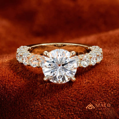 Round Brilliant Cut Engagement Ring with Shared Prong Band | 14k Gold, Rose Gold & Silver