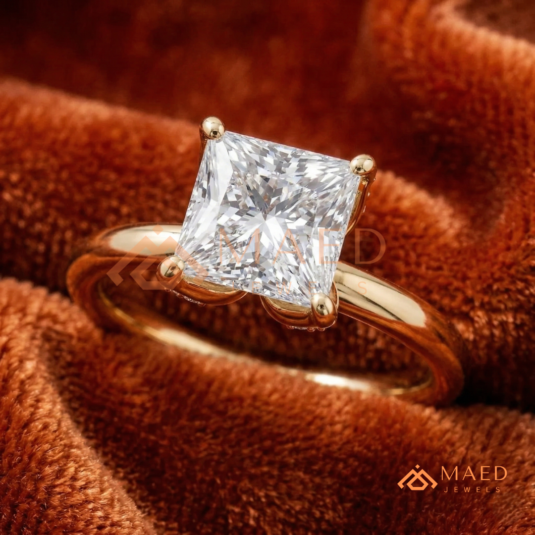 Princess Cut Hidden Halo Engagement Ring in 14K Gold & Sterling Silver