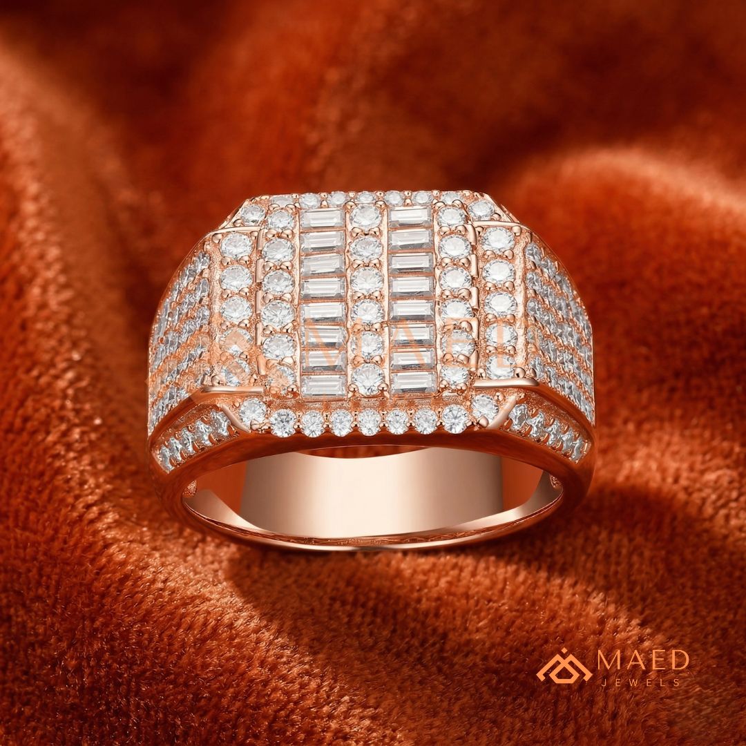 Men's Alternating Baguette & Pave Diamond Ring | Silver, 14K Gold & Rose Gold