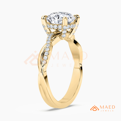 Round Cut Engagement Ring with Twisted Pavé Band in Silver, 14K Gold, & 14K Rose Gold