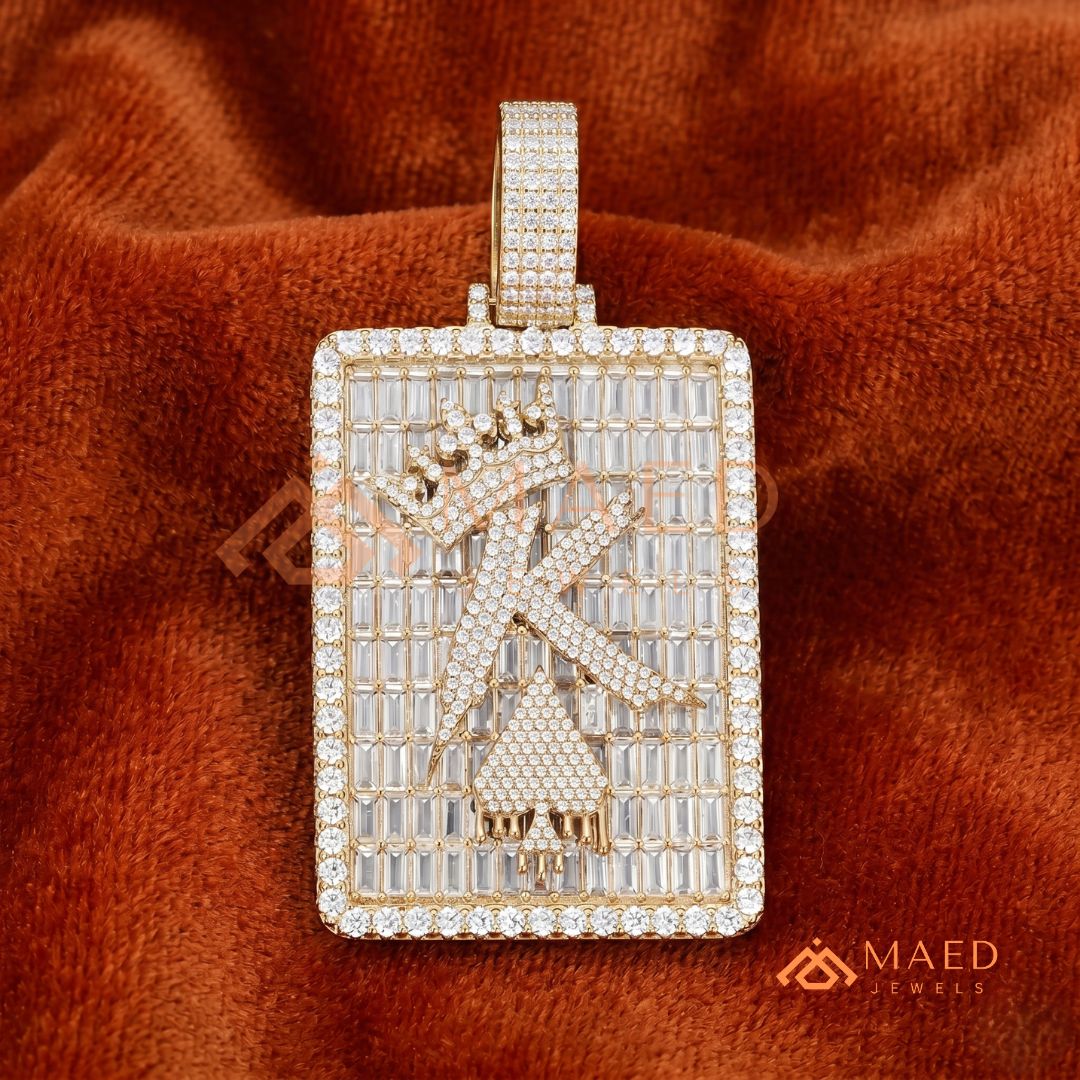 Custom King Spade Tag Pendant with Baguette & Round Cut Diamonds