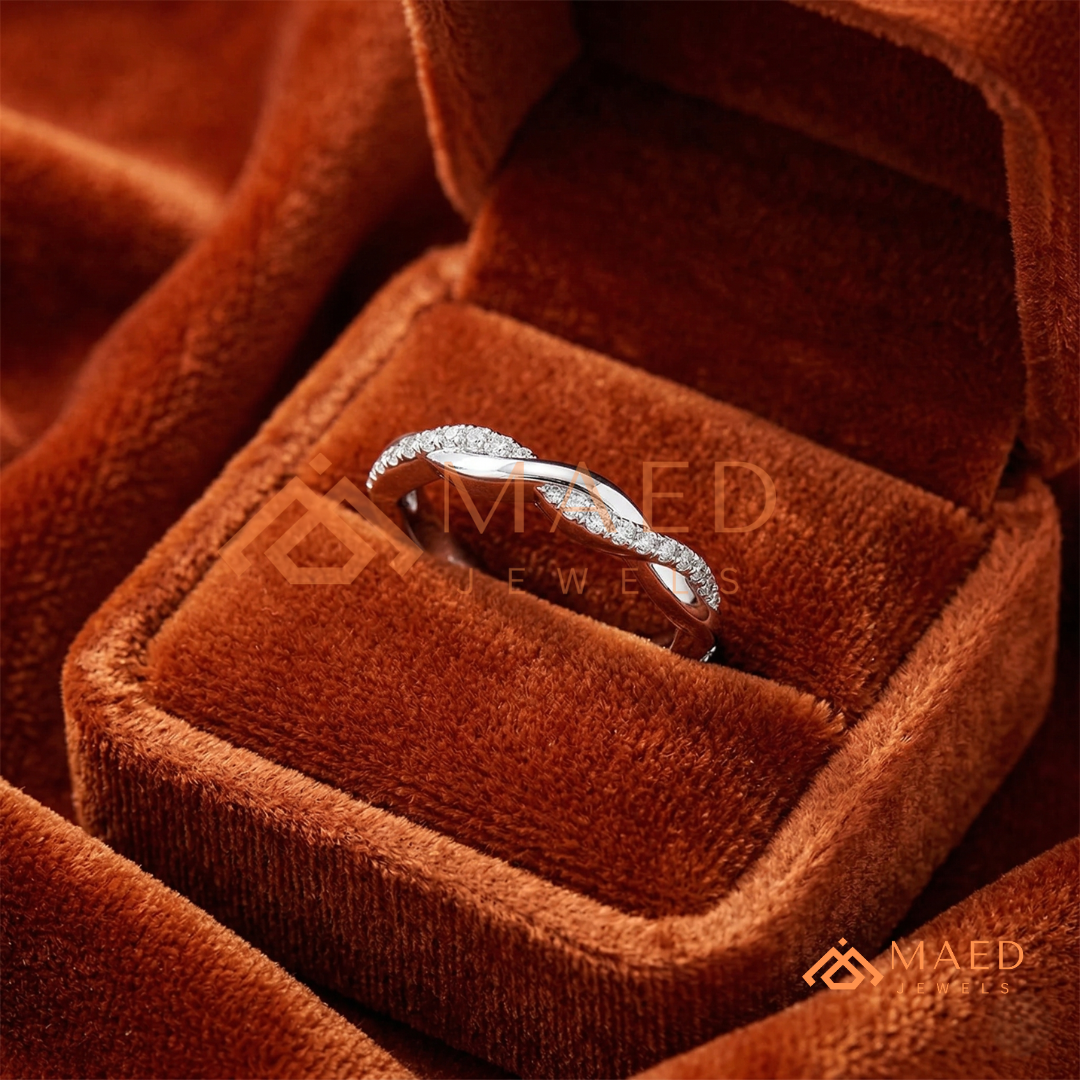 Half-Pavé Twisted Vine Diamond Wedding Band | Interlocking Infinity Wave Ring in Silver, 14K Gold, & Rose Gold